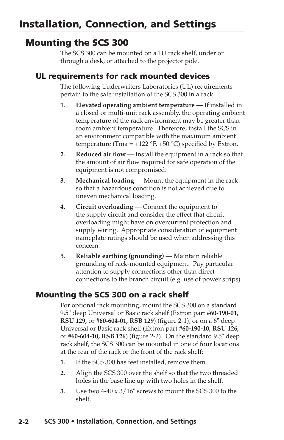 Mounting the scs 300, Ul requirements for rack mounted devices, Mounting the scs 300 on a rack shelf | Installation, connection, and settings, Mounting the scs 300 on a rack shelf helf | Extron Electronics SCS 300 User Guide User Manual | Page 9 / 24