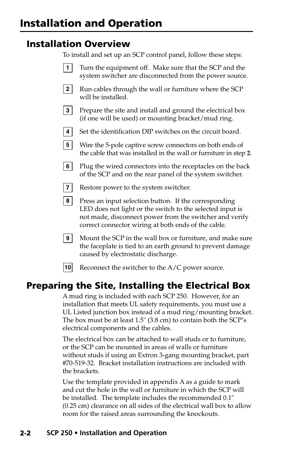 Installation overview, Preparing the site, installing the electrical box, Installation and operation | Extron Electronics SCP 250 User Guide User Manual | Page 10 / 28
