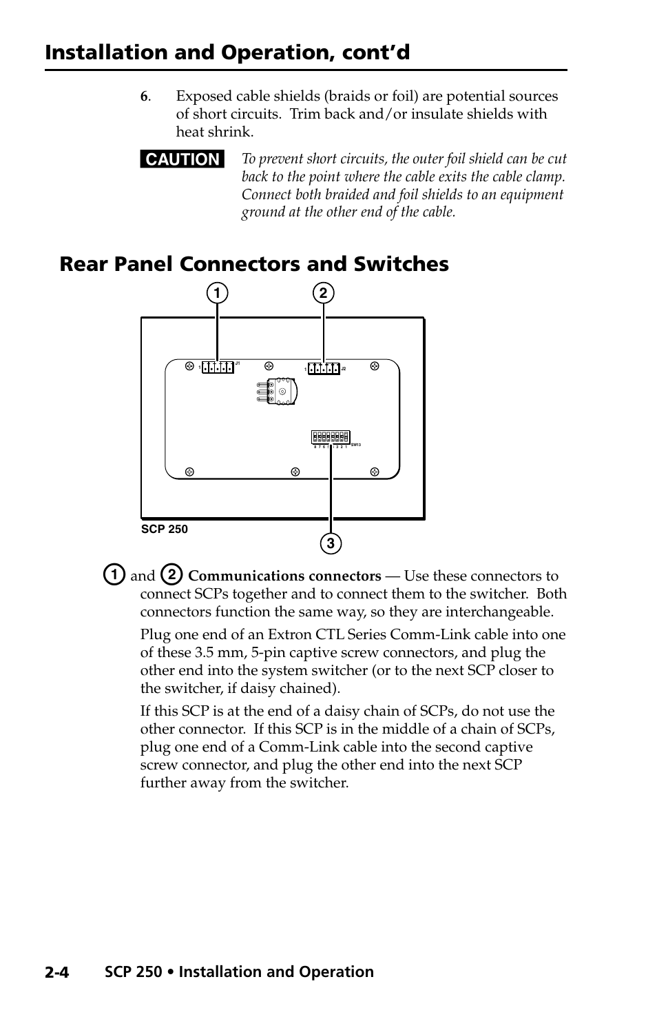 Rear panel connectors and switches, Rear panel connectors and switches, Installation and operation, cont’d | Extron Electronics SCP 250 User Guide User Manual | Page 12 / 28