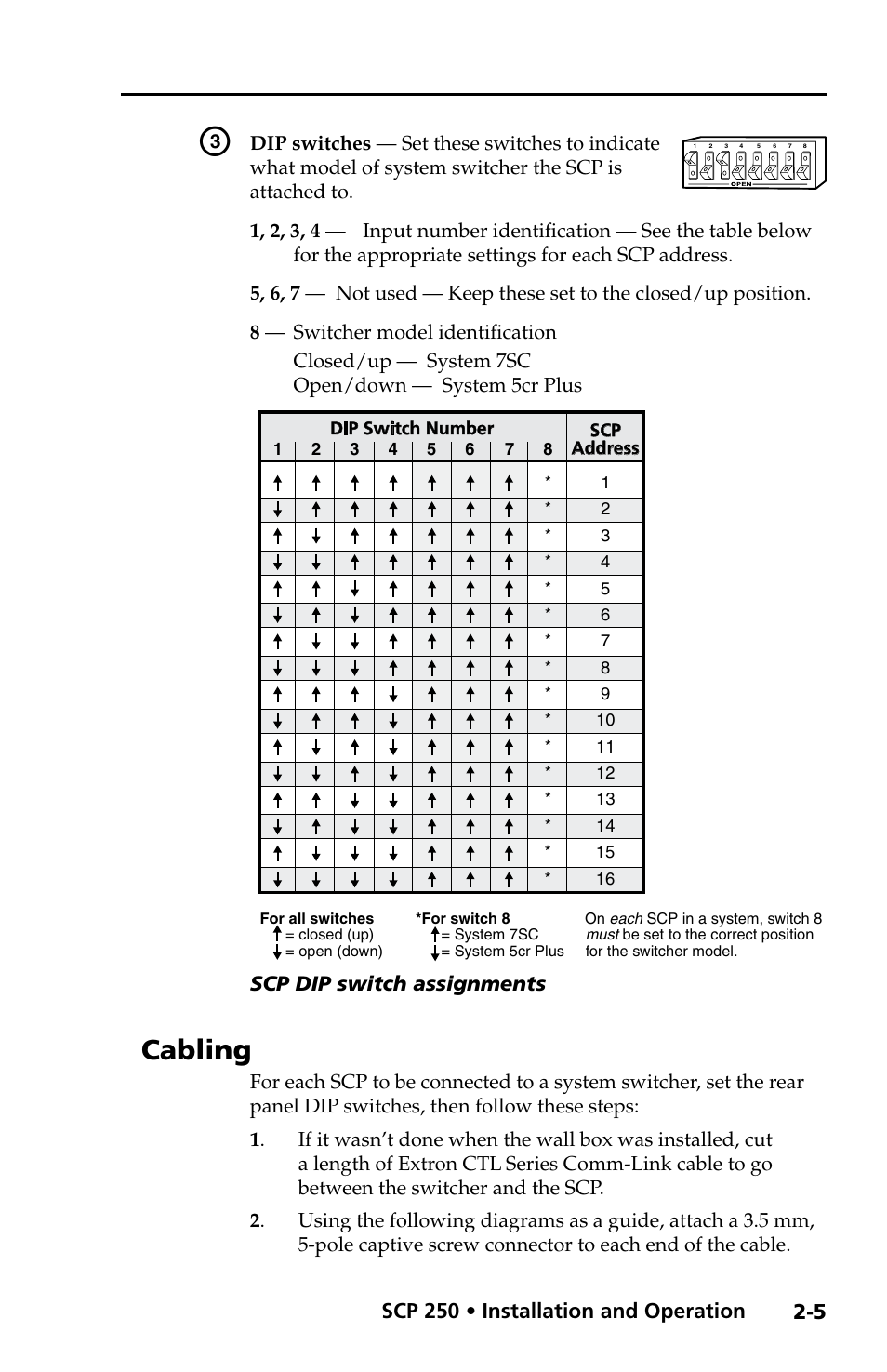 Cabling, Scp 250 • installation and operation, Scp dip switch assignments | Extron Electronics SCP 250 User Guide User Manual | Page 13 / 28