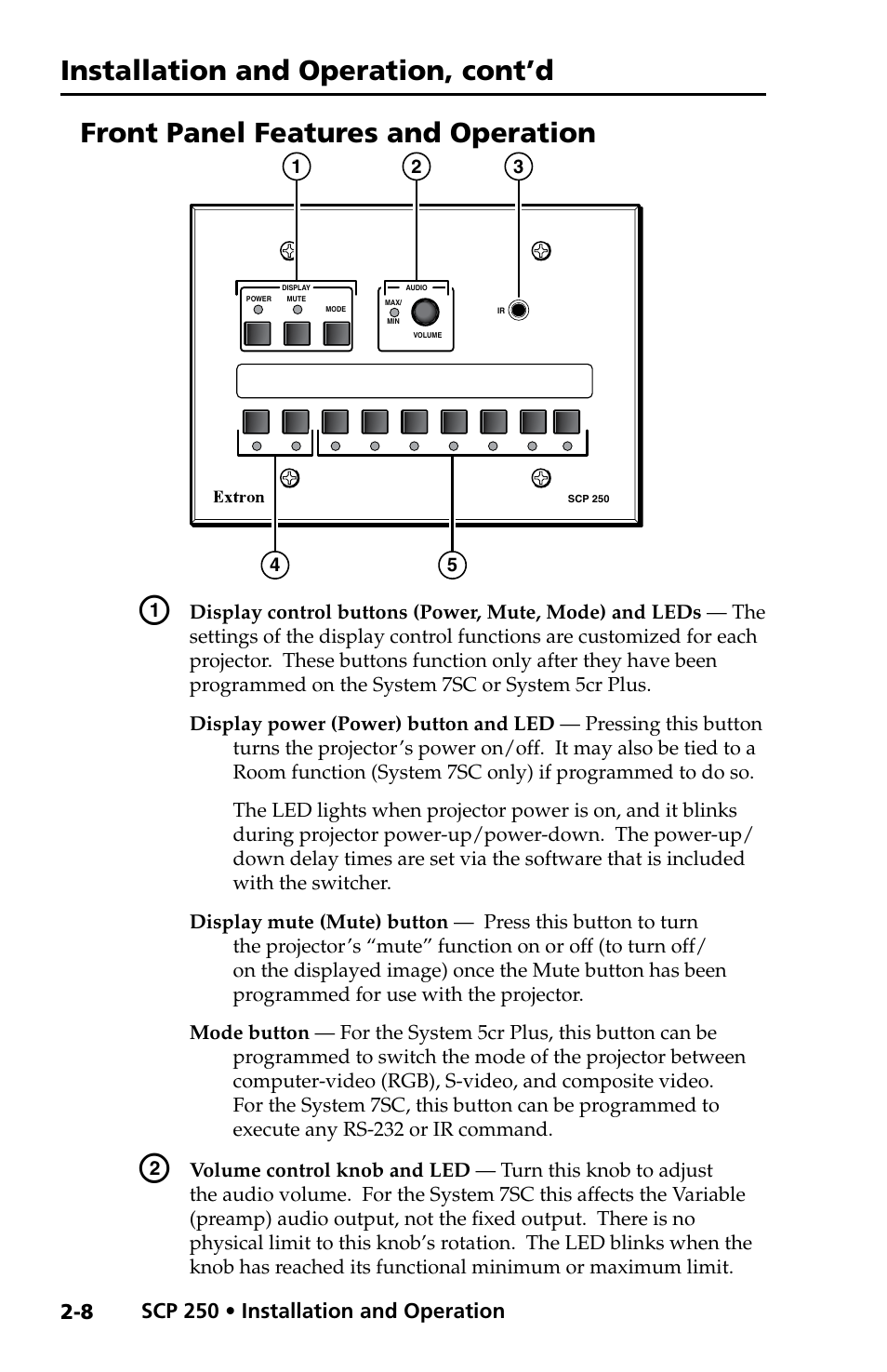 Front panel features and operation, Installation and operation, cont’d | Extron Electronics SCP 250 User Guide User Manual | Page 16 / 28