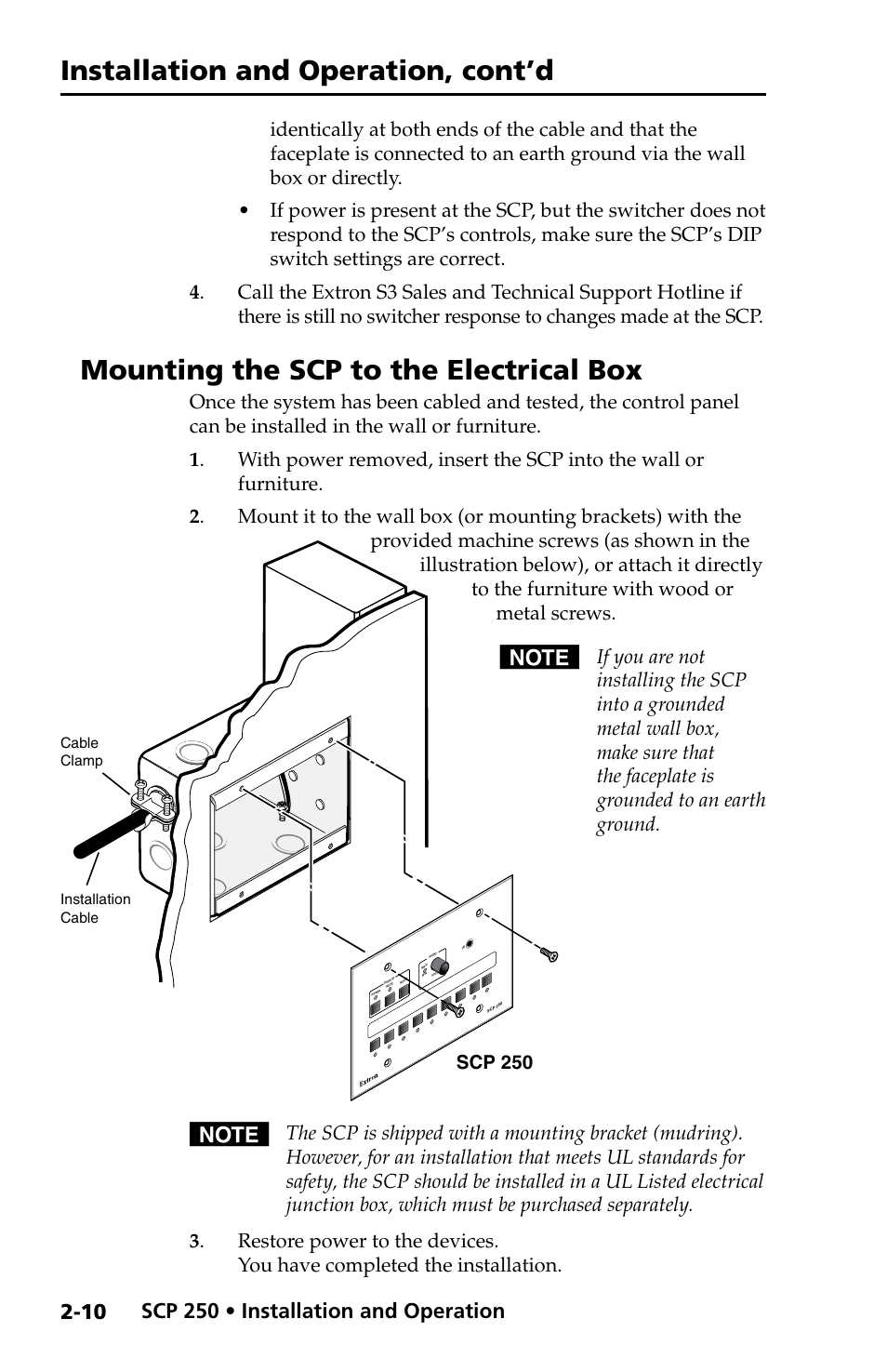 Mounting the scp to the electrical box, Installation and operation, cont’d, Scp 250 • installation and operation | Extron Electronics SCP 250 User Guide User Manual | Page 18 / 28