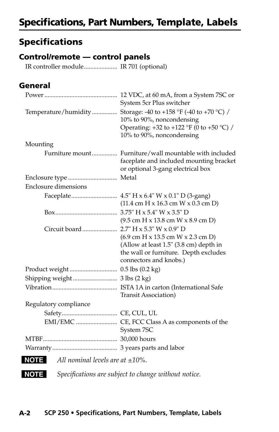 Specifications, Specifications, part numbers, template, labels, Control/remote — control panels | General | Extron Electronics SCP 250 User Guide User Manual | Page 20 / 28