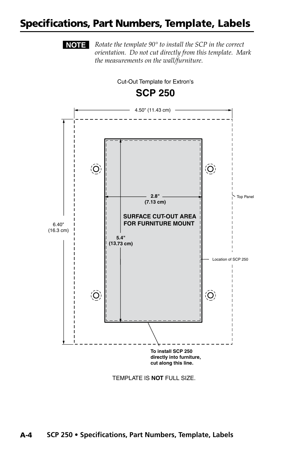 Specifications, part numbers, template, labels, Scp 250 | Extron Electronics SCP 250 User Guide User Manual | Page 22 / 28