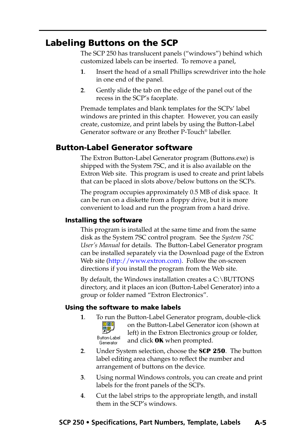 Labeling buttons on the scp, Button-label generator software, Installing the software | Using the software to make labels | Extron Electronics SCP 250 User Guide User Manual | Page 23 / 28