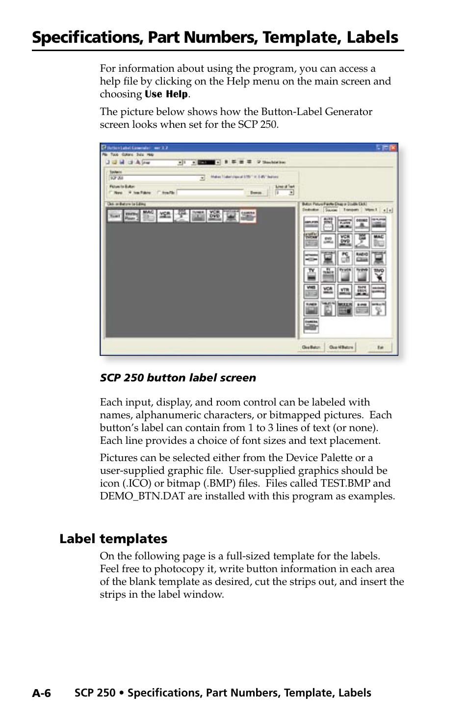 Label templates, Specifications, part numbers, template, labels | Extron Electronics SCP 250 User Guide User Manual | Page 24 / 28