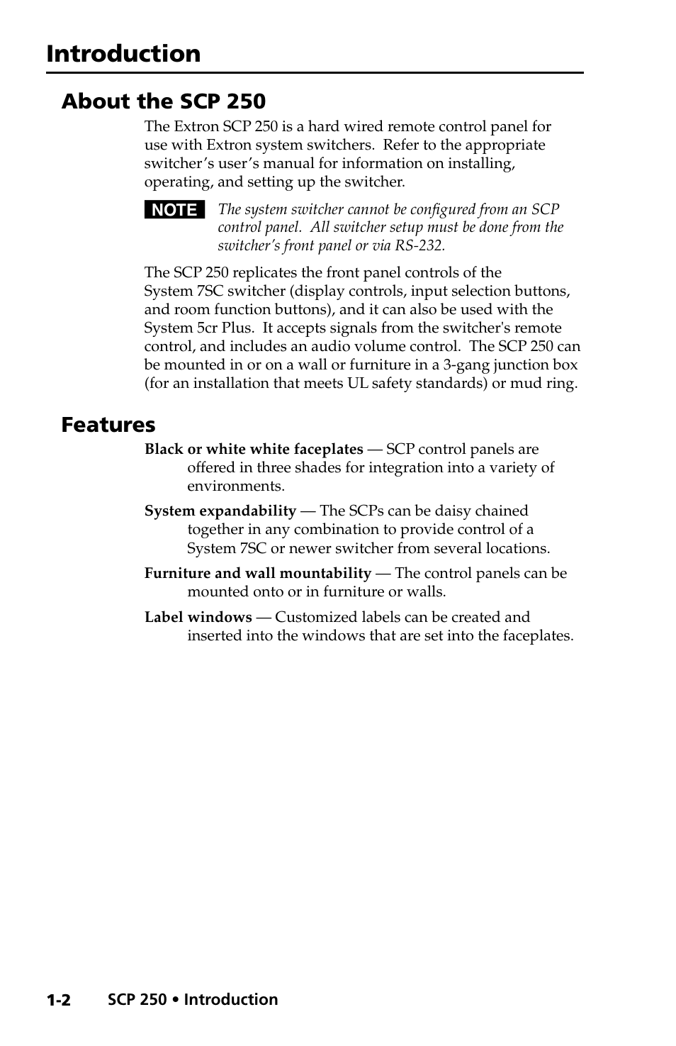 About the scp 250, Features, Introduction | Extron Electronics SCP 250 User Guide User Manual | Page 8 / 28
