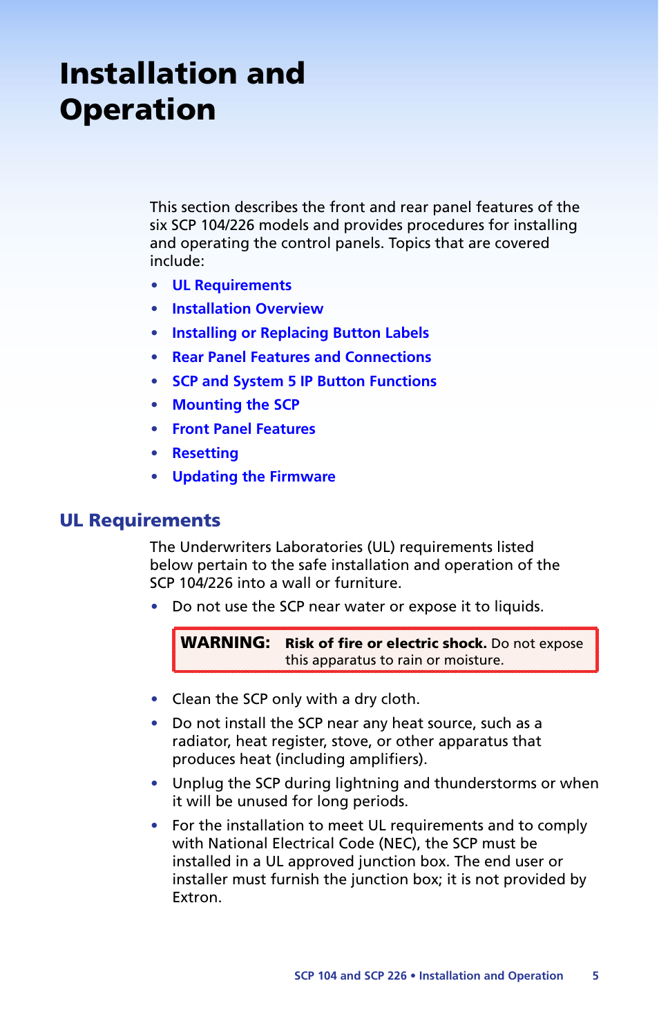 Installation and operation, Ul requirements | Extron Electronics SCP 104 Series User Guide User Manual | Page 11 / 60