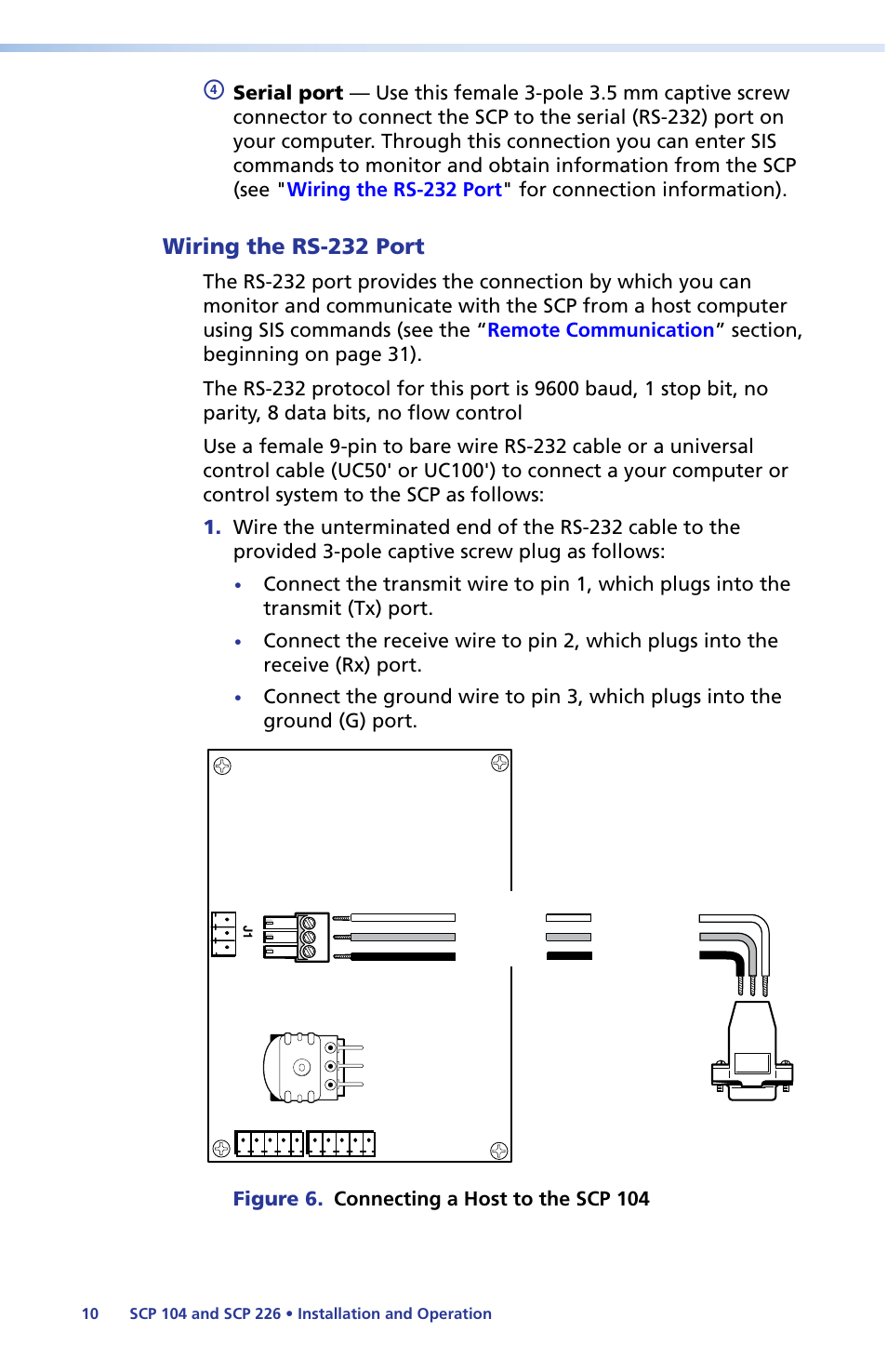 Wiring the rs-232 port, Figure 6. connecting a host to the scp 104 | Extron Electronics SCP 104 Series User Guide User Manual | Page 16 / 60