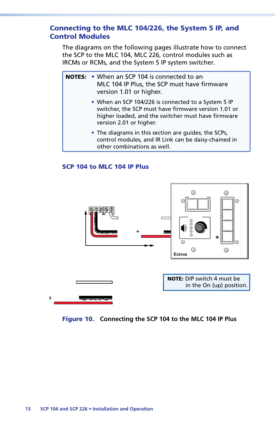 Connecting to the, Mlc 104/226, the system 5 ip, and control modules, Wiring | Diagrams, Dip switch 4 must be in the on (up) position | Extron Electronics SCP 104 Series User Guide User Manual | Page 19 / 60