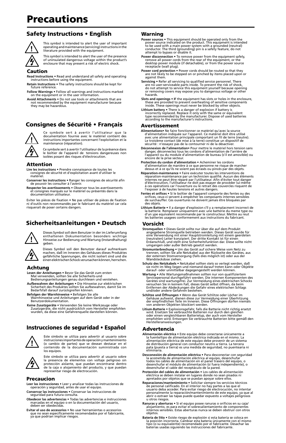 Precautions, Instrucciones de seguridad • español, Caution | Attention, Avertissement, Achtung, Vorsicht, Advertencia, Precaucion, Warning | Extron Electronics SCP 104 Series User Guide User Manual | Page 2 / 60