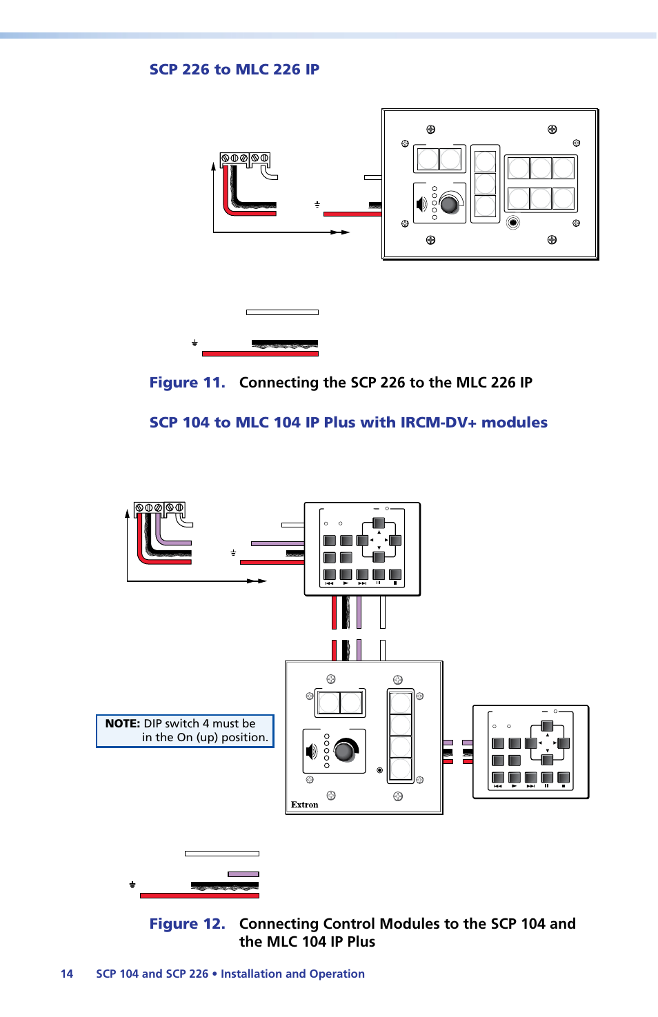 Mlc 226 ip rear panel extron ctlp cable color code, Scp 104, Ircm-dv | Mlc 104 ip plus rear panel, Control module address 1 and 2, Control module address 3 and 4 | Extron Electronics SCP 104 Series User Guide User Manual | Page 20 / 60