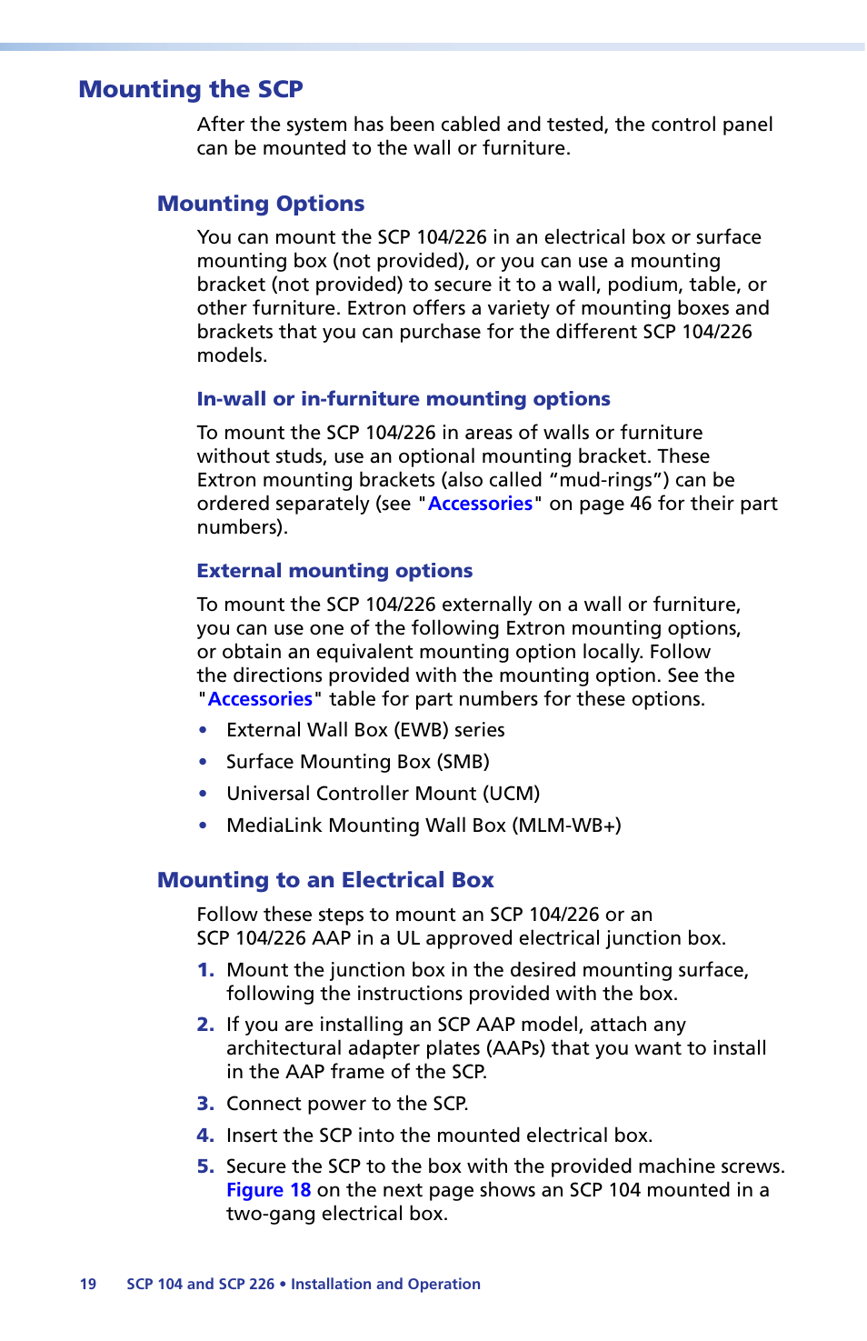 Mounting the scp, Mounting options, Mounting in an electrical box | Mounting options mounting in an electrical box | Extron Electronics SCP 104 Series User Guide User Manual | Page 25 / 60