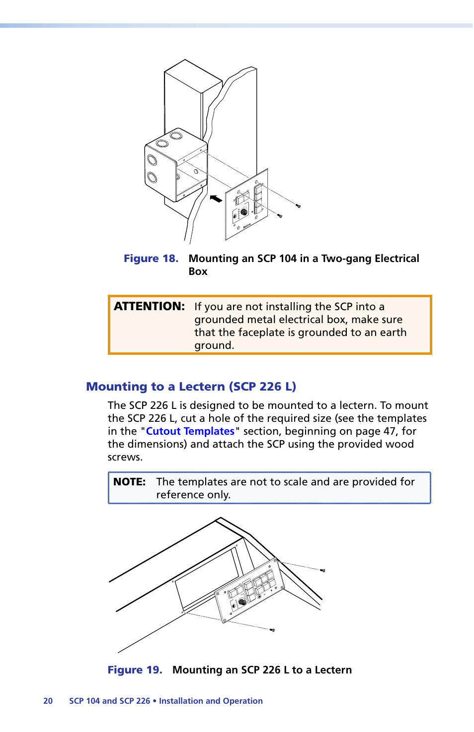 Mounting to a lectern (scp 226 l), Mounting to a lectern, Scp 226 l) | Figure 18, Attention, Fig_mounting scp 104_2-gang, Extron scp 104, Extron scp 226 l, Gang wall box, Co nf ig | Extron Electronics SCP 104 Series User Guide User Manual | Page 26 / 60