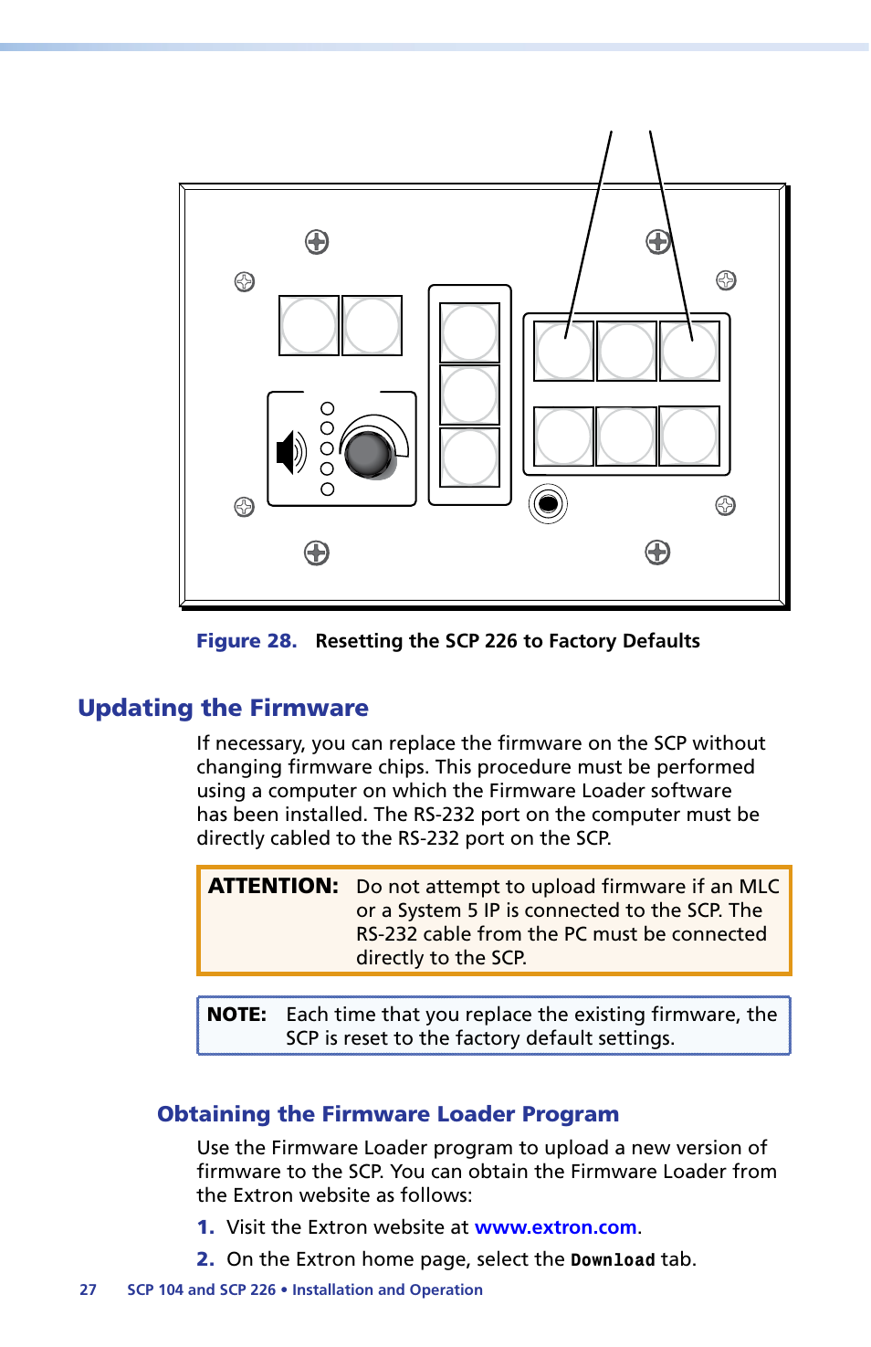 Updating the firmware, Obtaining the firmware loader program, Obtaining the firmware | Loader program, Extron, Attention | Extron Electronics SCP 104 Series User Guide User Manual | Page 33 / 60