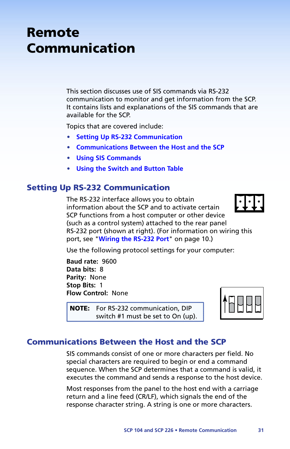 Remote communication, Setting up rs-232 communication, Communications between the host and the scp | Setting up rs-232, Communication, Communications between the, Host and the scp, Using sis commands (see the, Section | Extron Electronics SCP 104 Series User Guide User Manual | Page 37 / 60