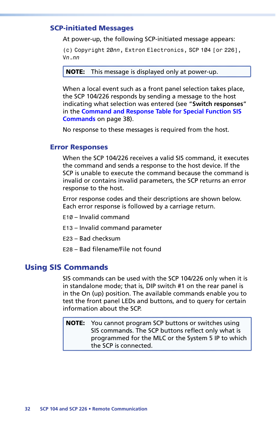 Scp-initiated messages, Error responses, Using sis commands | Scp-initiated messages error responses | Extron Electronics SCP 104 Series User Guide User Manual | Page 38 / 60