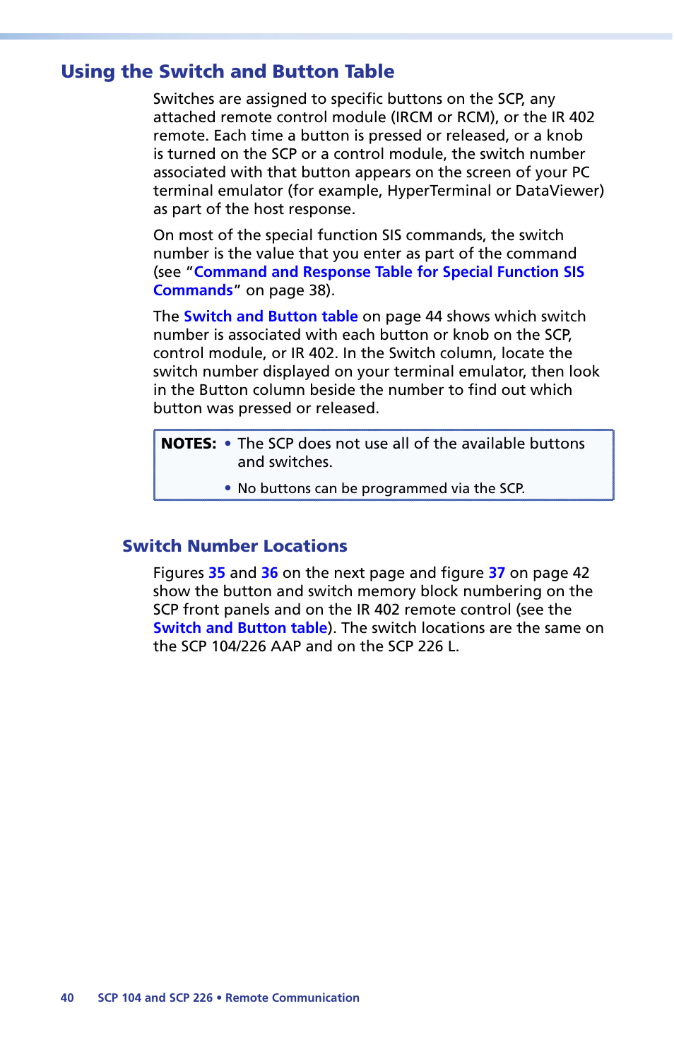 Using the switch and button table, Switch number locations, Using the switch and button | Table | Extron Electronics SCP 104 Series User Guide User Manual | Page 46 / 60