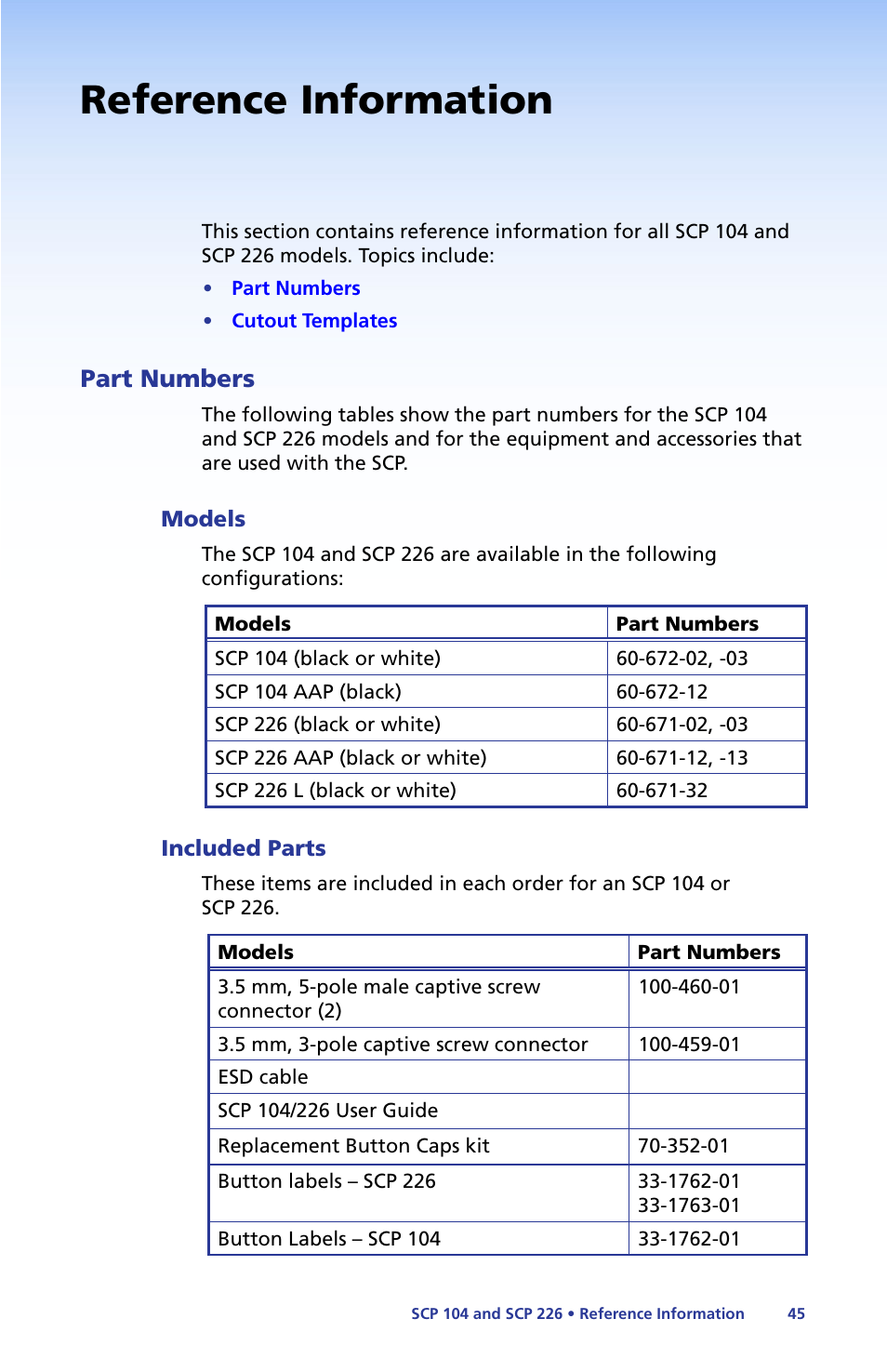 Reference information, Part numbers, Models | Included parts, Models included parts | Extron Electronics SCP 104 Series User Guide User Manual | Page 51 / 60