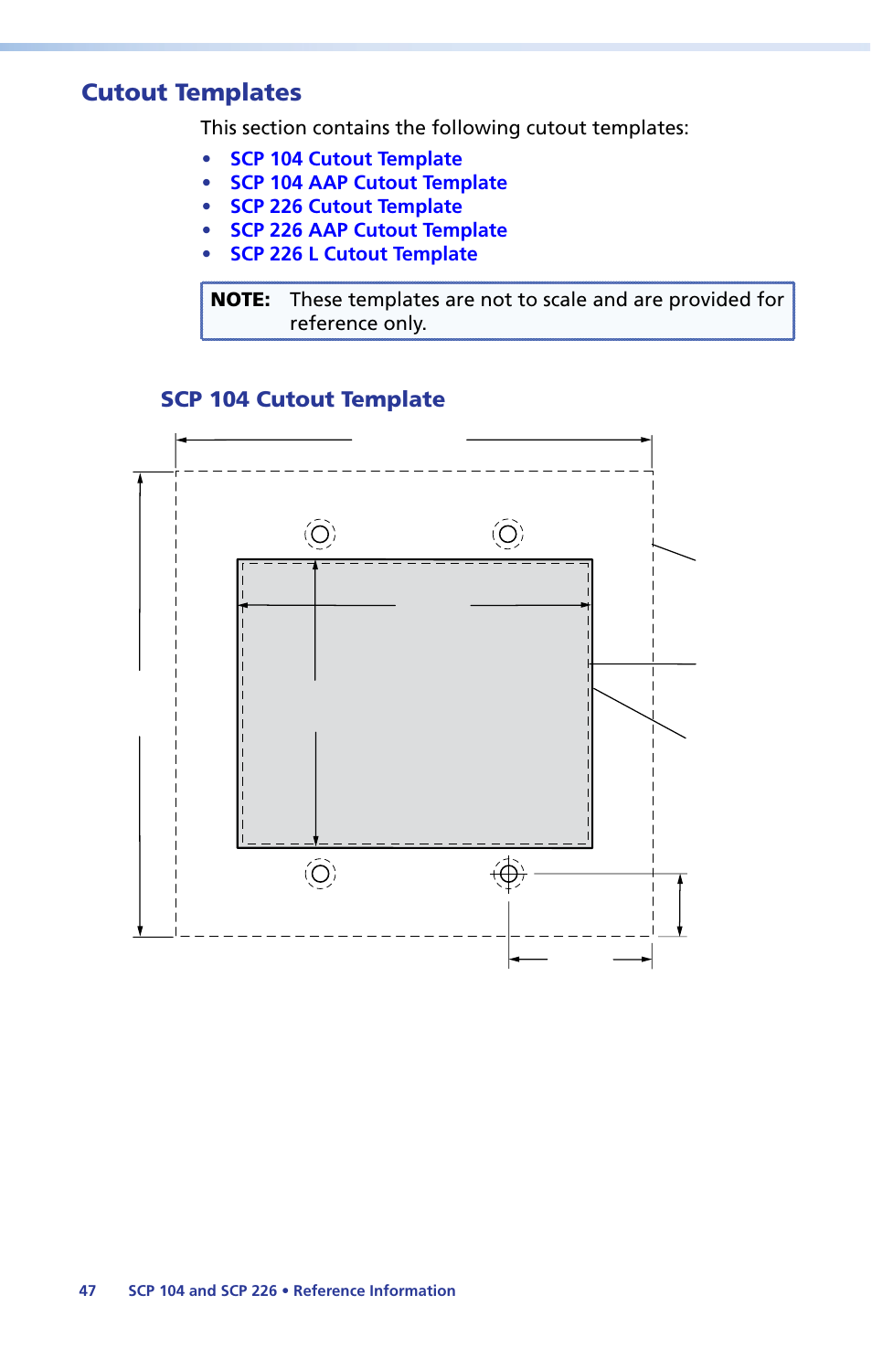 Cutout templates, Scp 104 cutout template, Scp 104 | Extron Electronics SCP 104 Series User Guide User Manual | Page 53 / 60