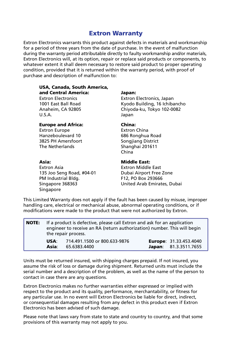 Warranty, Extron warranty | Extron Electronics SCP 104 Series User Guide User Manual | Page 59 / 60