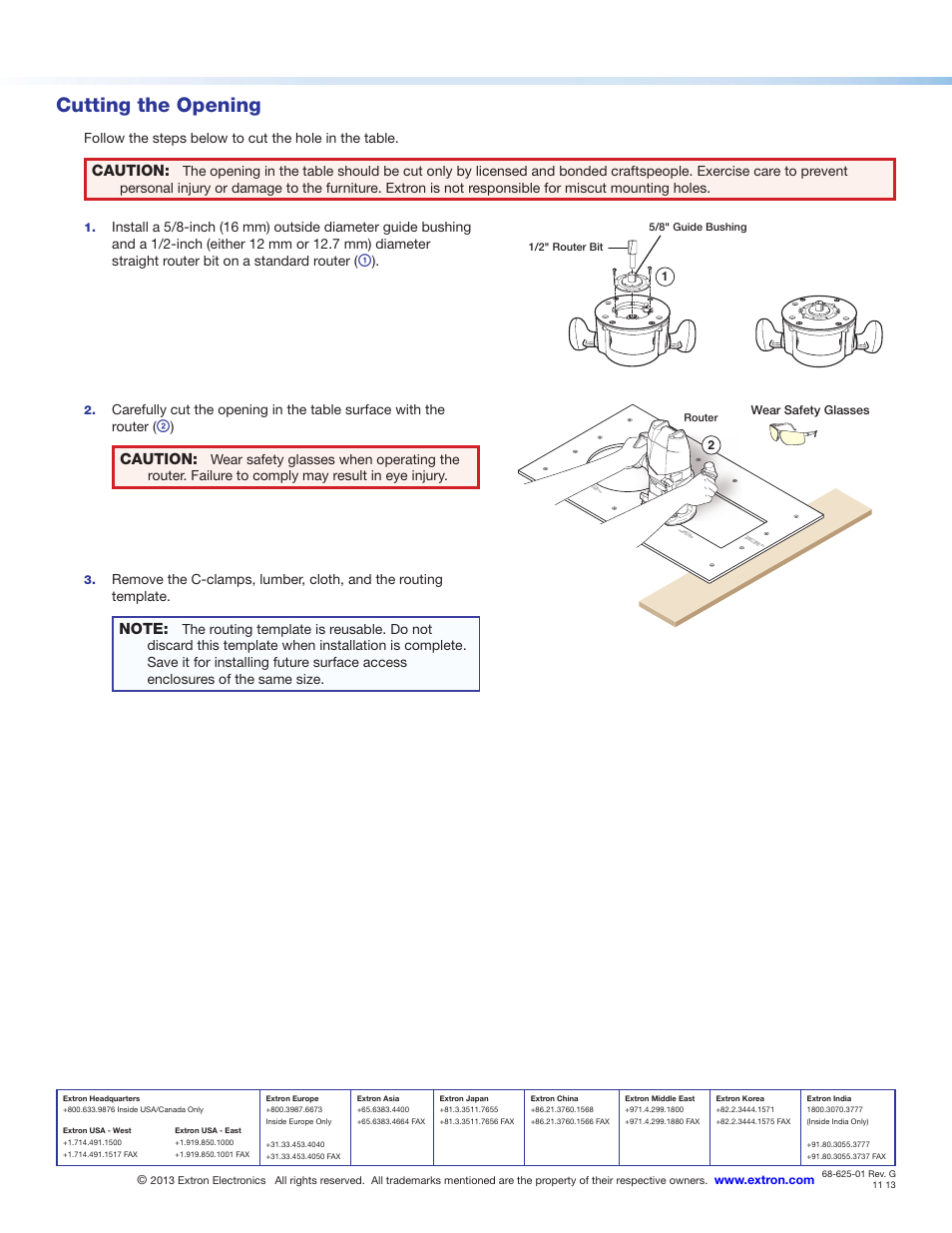 Cutting the opening, Caution, 2wear safety glasses 2 | Extron Electronics Routing Template User Guide User Manual | Page 2 / 2