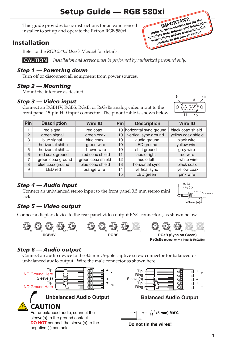 Extron Electronics RGB 580xi Setup Guide User Manual | 4 pages