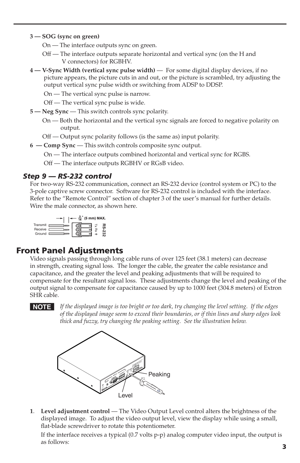 Front panel adjustments, Pin rs-232 captive screw con_lateral.eps, Step 9 — rs-232 control | Level peaking | Extron Electronics RGB 580xi Setup Guide User Manual | Page 3 / 4