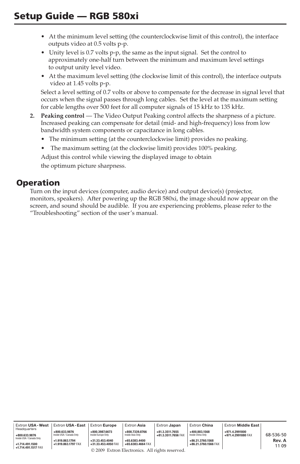 Setup guide — rgb 580xi, Operation | Extron Electronics RGB 580xi Setup Guide User Manual | Page 4 / 4