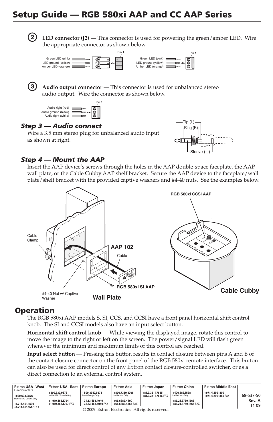 Setup guide — rgb 580xi aap and cc aap series, Operation, Step 3 — audio connect | Step 4 — mount the aap, Cable cubby, Wall plate, Aap 102 | Extron Electronics RGB 580xi AAP Setup Guide User Manual | Page 2 / 2