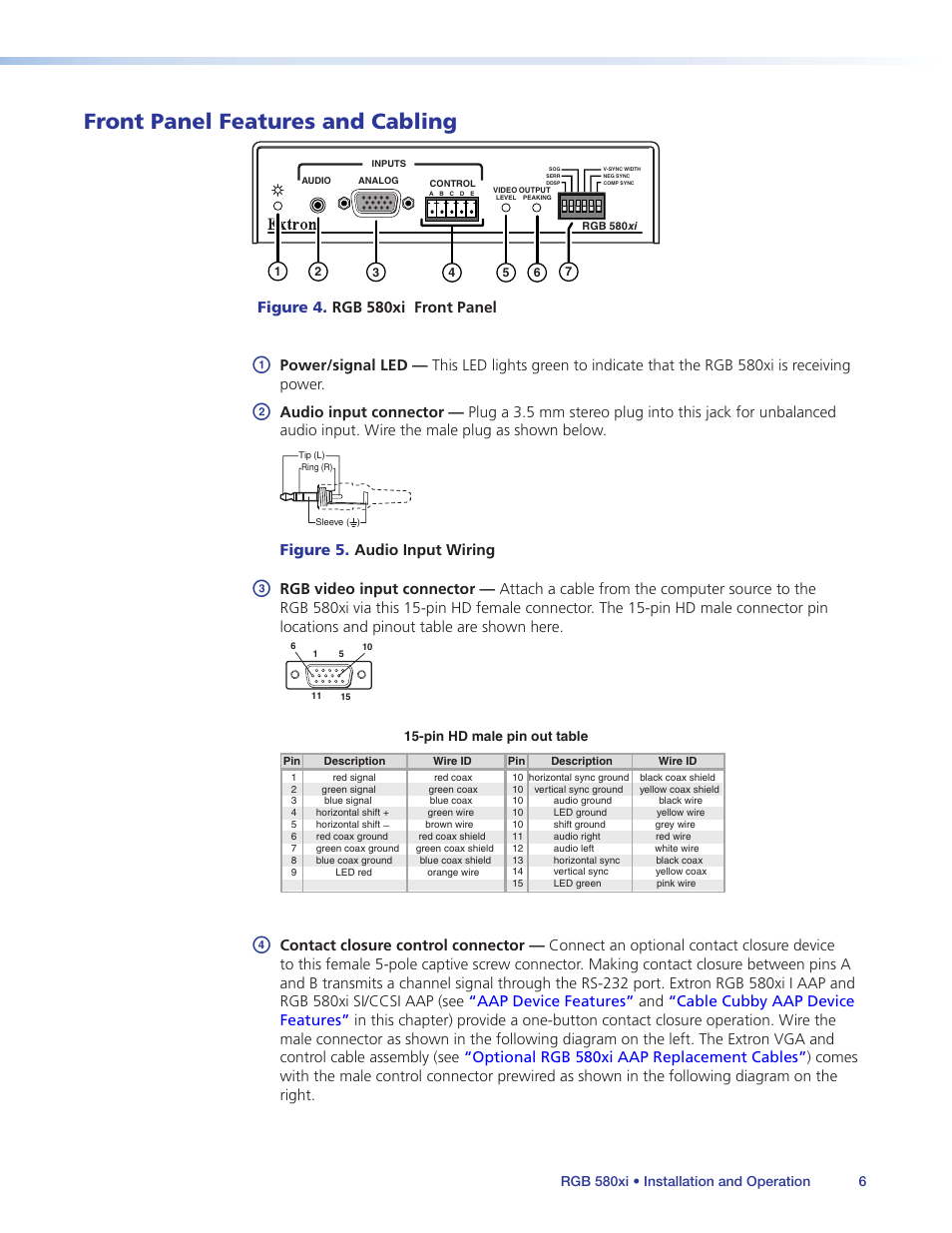 Front panel features and cabling | Extron Electronics RGB 580xi User Guide User Manual | Page 10 / 33