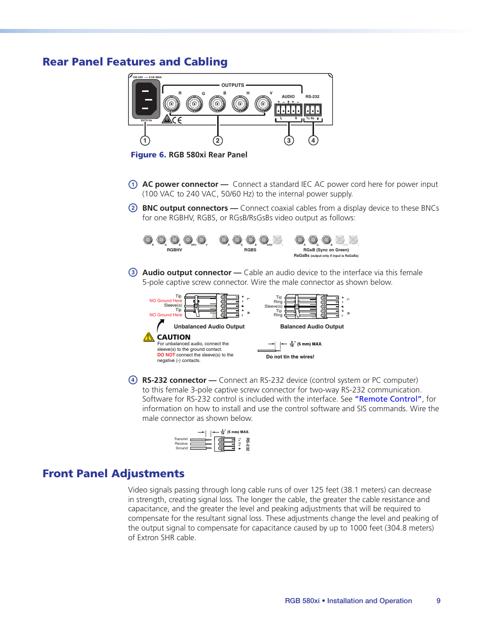 Rear panel features and cabling, Front panel adjustments, Figure 6. rgb 580xi rear panel | Caution, Rgb 580xi • installation and operation 9 | Extron Electronics RGB 580xi User Guide User Manual | Page 13 / 33