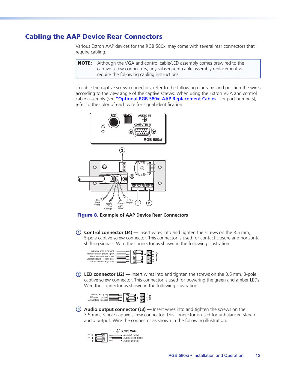 Cabling the aap device rear connectors, Figure 8. example of aap device rear connectors, Example of aap device rear connectors | Control one-piece captive screw conn 2.eps, Audio two-piece captive screw conn2.eps | Extron Electronics RGB 580xi User Guide User Manual | Page 16 / 33