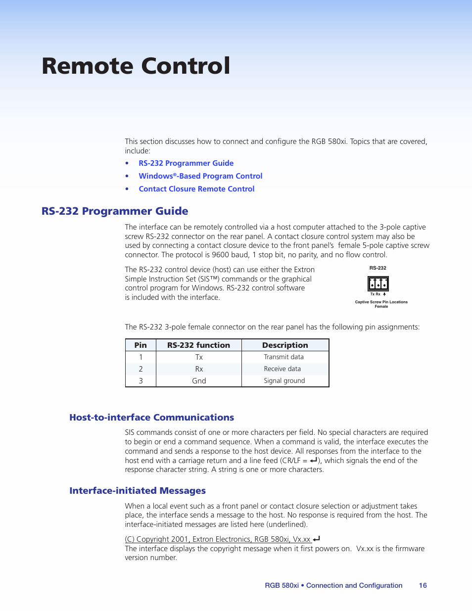 Remote control, Rs-232 programmer guide, Host-to-interface communications | Interface-initiated messages | Extron Electronics RGB 580xi User Guide User Manual | Page 20 / 33