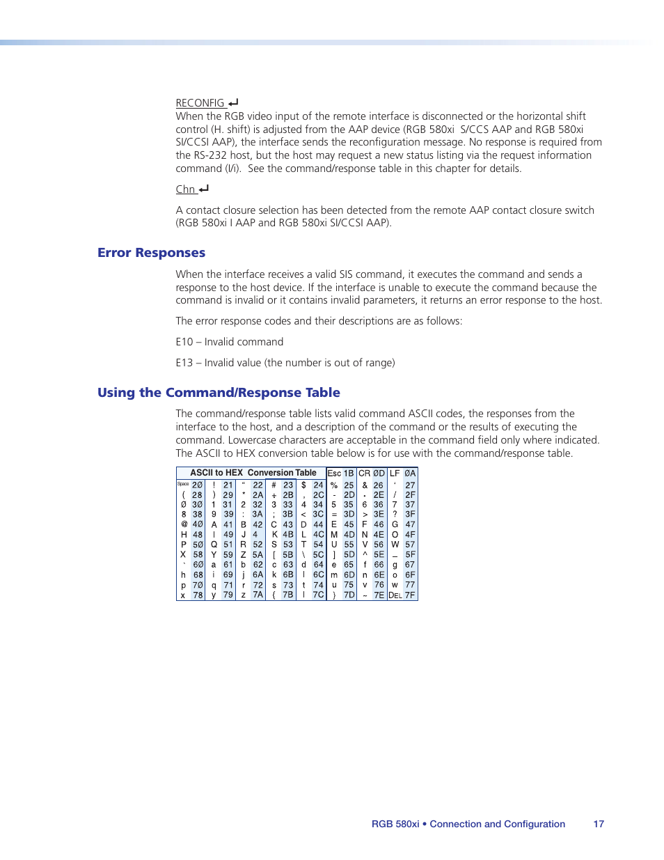 Error responses, Using the command/response table, Error responses using the command/response table | Extron Electronics RGB 580xi User Guide User Manual | Page 21 / 33