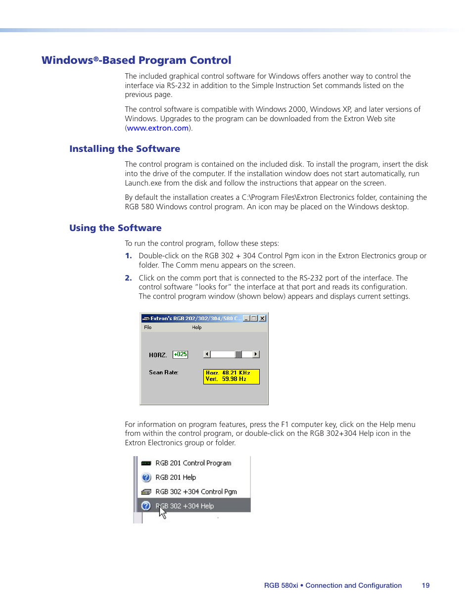 Windows®-based program control, Installing the software, Using the software | Windows, Based program control, Installing the software using the software | Extron Electronics RGB 580xi User Guide User Manual | Page 23 / 33