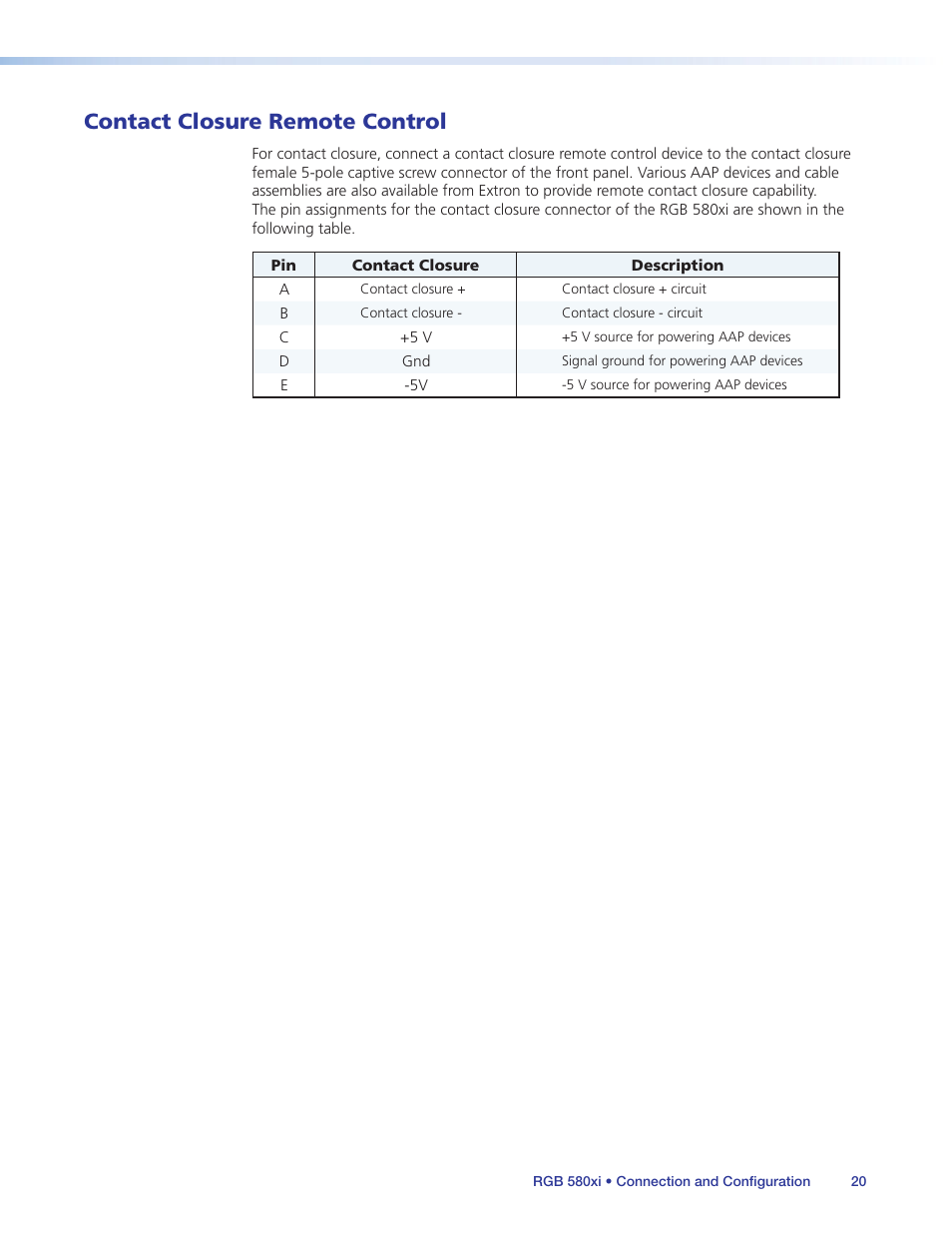 Contact closure remote control | Extron Electronics RGB 580xi User Guide User Manual | Page 24 / 33