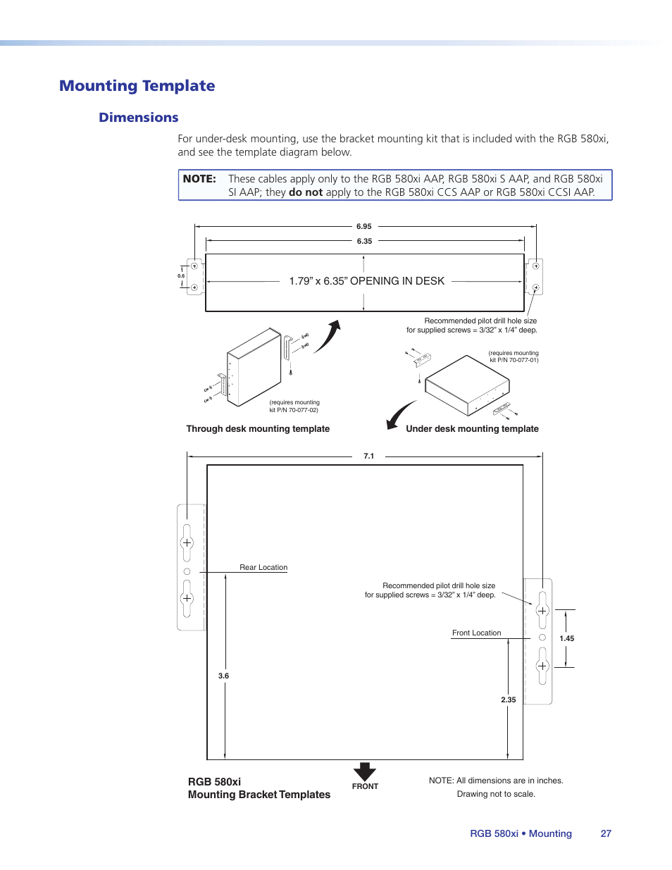 Mounting template, Dimensions | Extron Electronics RGB 580xi User Guide User Manual | Page 31 / 33