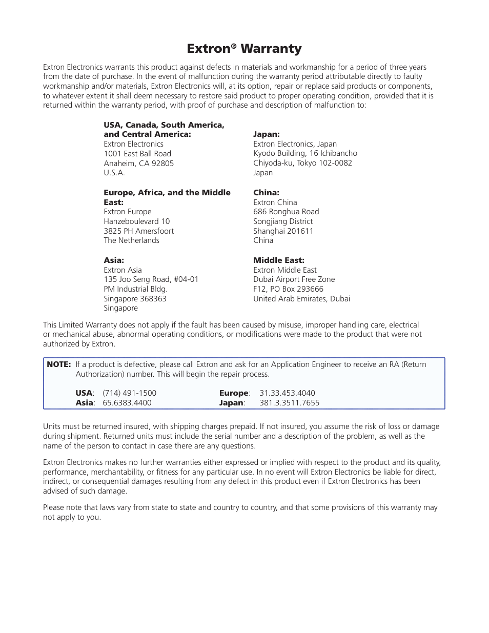 Extron, Warranty | Extron Electronics RGB 580xi User Guide User Manual | Page 32 / 33