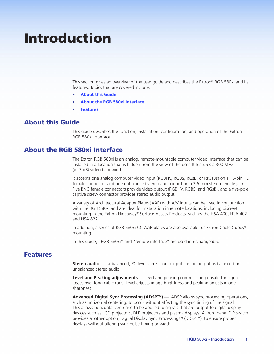 Introduction, About this guide, About the rgb 580xi interface | Features | Extron Electronics RGB 580xi User Guide User Manual | Page 5 / 33