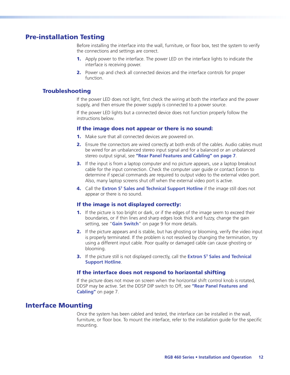 Pre-installation testing, Troubleshooting, Interface mounting | Necessary (see | Extron Electronics RGB 460xi Series User Guide User Manual | Page 18 / 25
