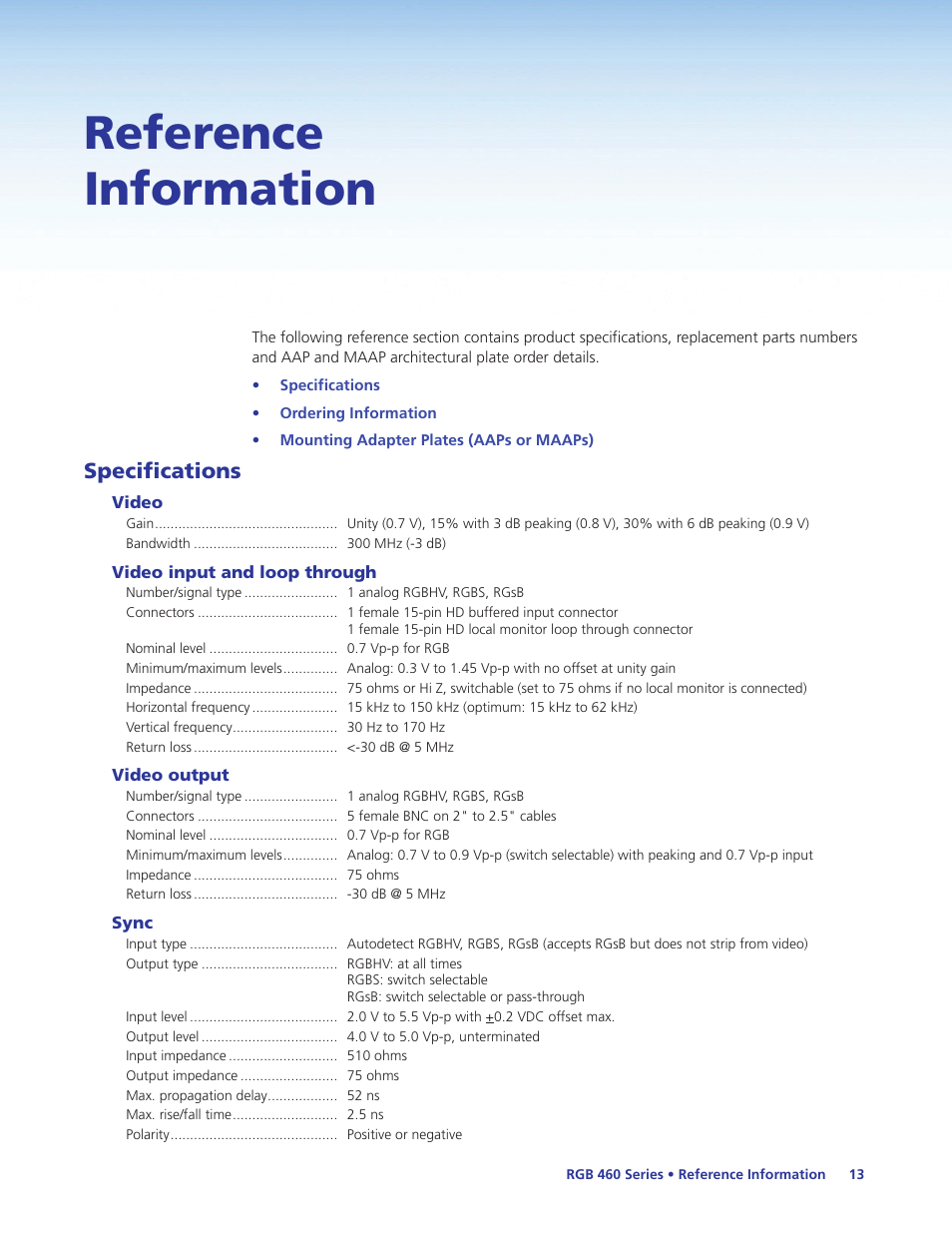 Reference information, Specifications | Extron Electronics RGB 460xi Series User Guide User Manual | Page 19 / 25