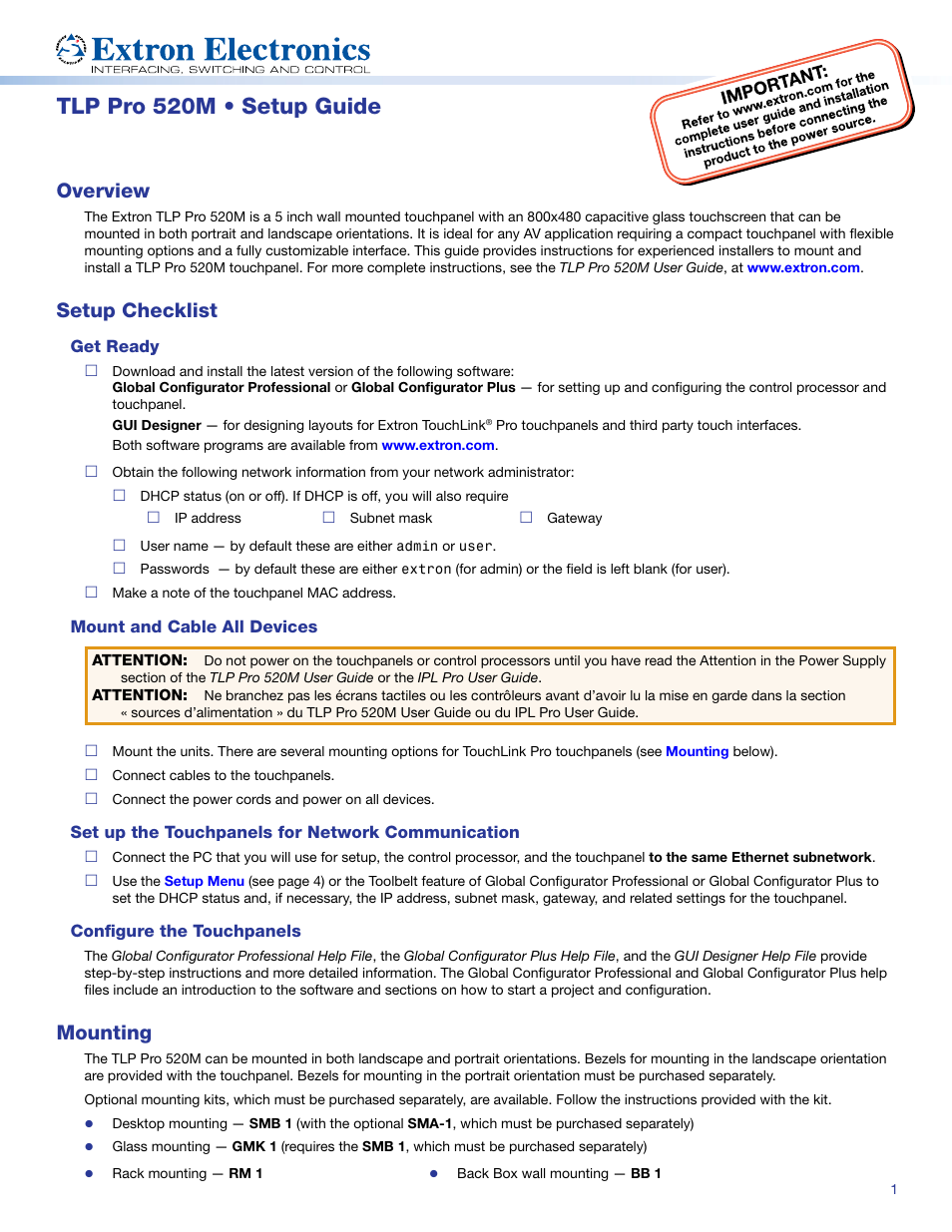 Extron Electronics TLP Pro 520M Setup Guide User Manual | 4 pages