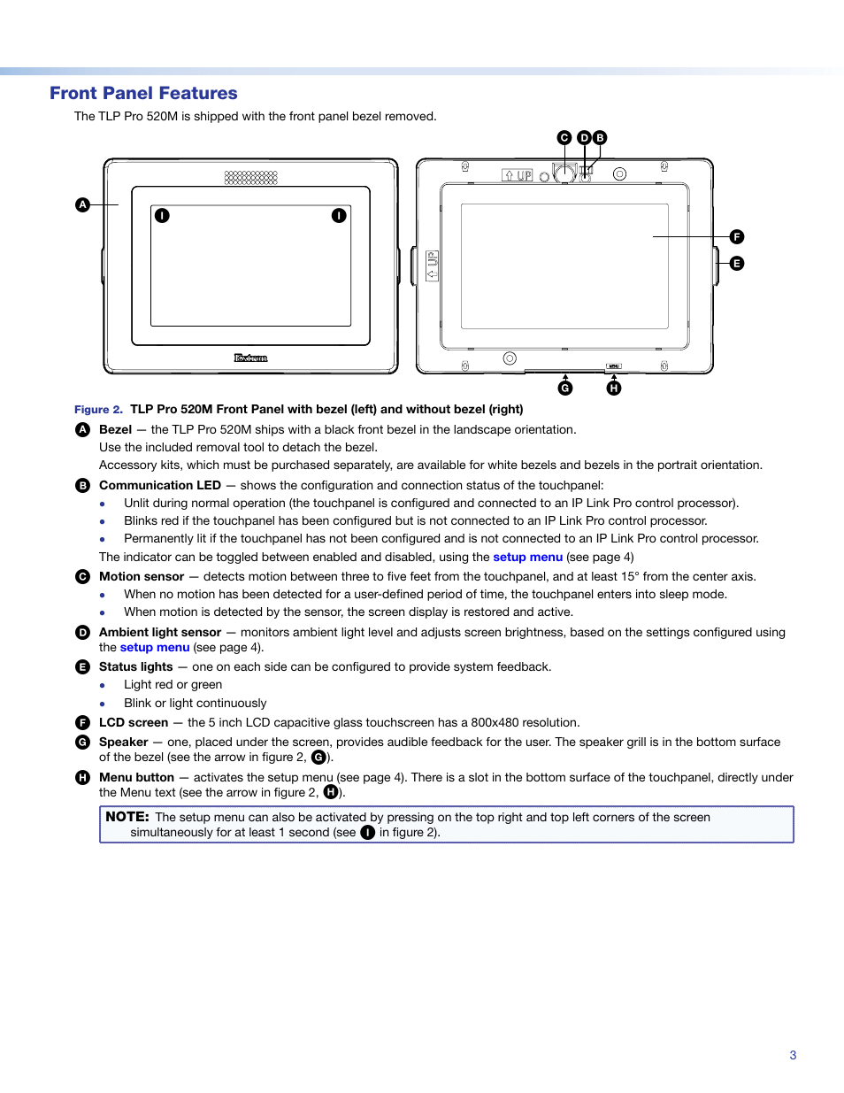 Front panel features | Extron Electronics TLP Pro 520M Setup Guide User Manual | Page 3 / 4