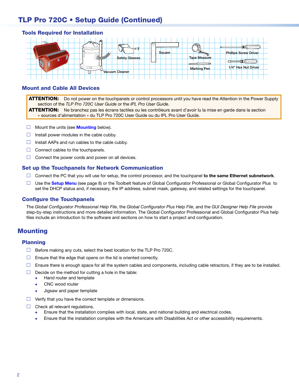 Tools required for installation, Mount and cable all devices, Set up the touchpanels for network communication | Configure the touchpanels, Mounting, Planning, Tlp pro 720c • setup guide (continued) | Extron Electronics TLP Pro 720C Setup Guide User Manual | Page 2 / 8
