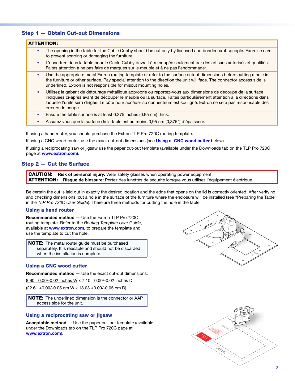 Step 1 — obtain cut-out dimensions, Step 2 — cut the surface, Product category | Attention, Caution, Using a hand router, Using a cnc wood cutter, Using a reciprocating saw or jigsaw | Extron Electronics TLP Pro 720C Setup Guide User Manual | Page 3 / 8