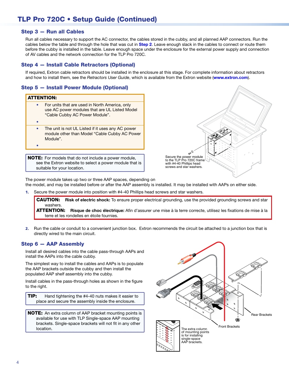 Step 3 — run all cables, Step 4 — install cable retractors (optional), Step 5 — install power module (optional) | Step 6 — aap assembly, Tlp pro 720c • setup guide (continued) | Extron Electronics TLP Pro 720C Setup Guide User Manual | Page 4 / 8