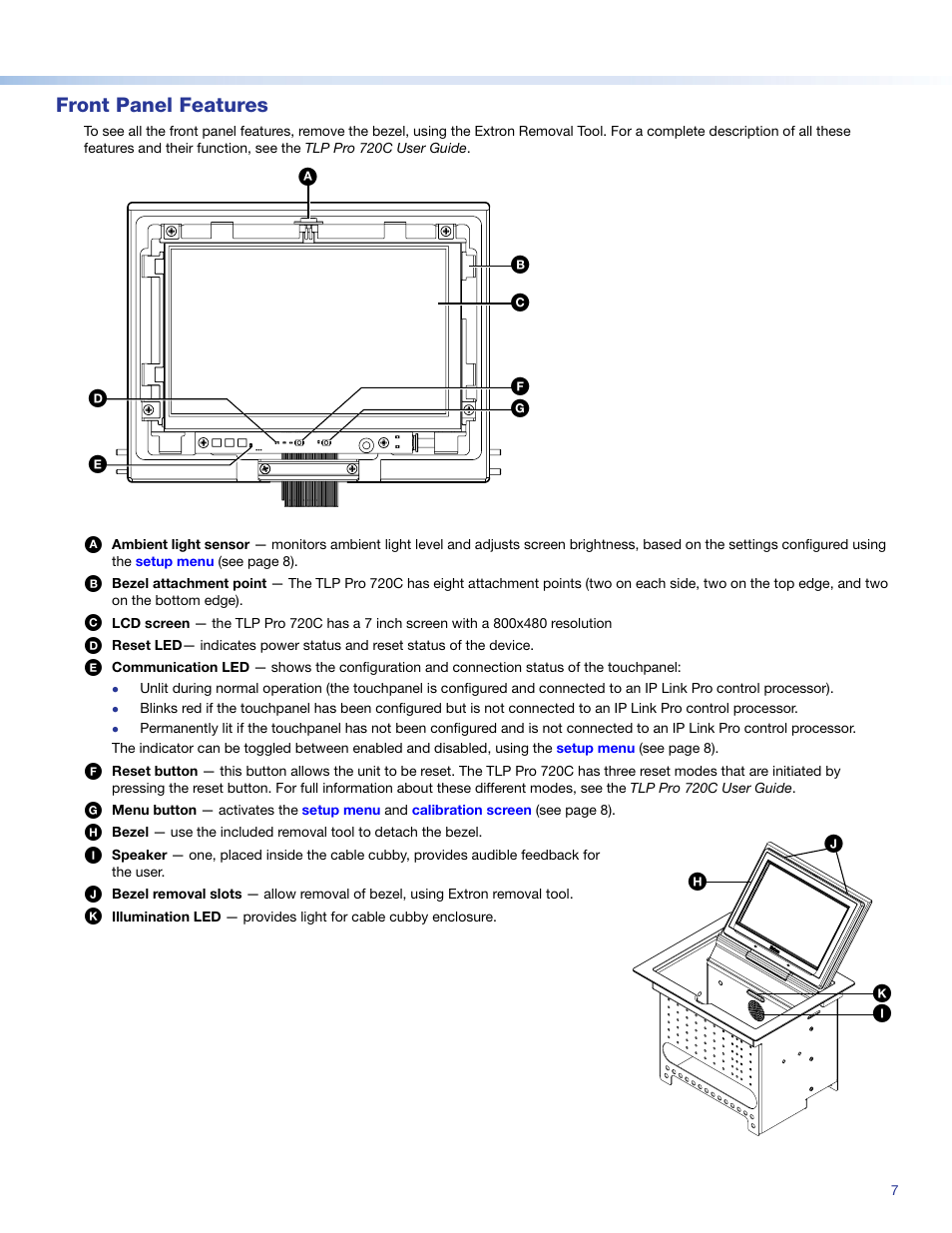 Front panel features | Extron Electronics TLP Pro 720C Setup Guide User Manual | Page 7 / 8