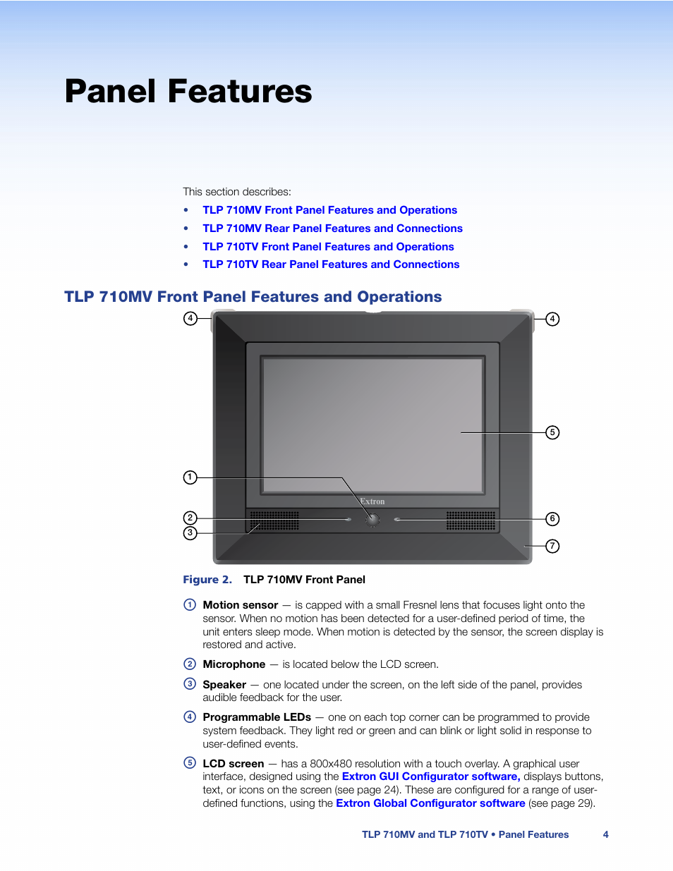 Panel features, Tlp 710mv front panel features and operations, Tlp 710mv front panel features and | Operations | Extron Electronics TLP 710TV User Guide User Manual | Page 10 / 49