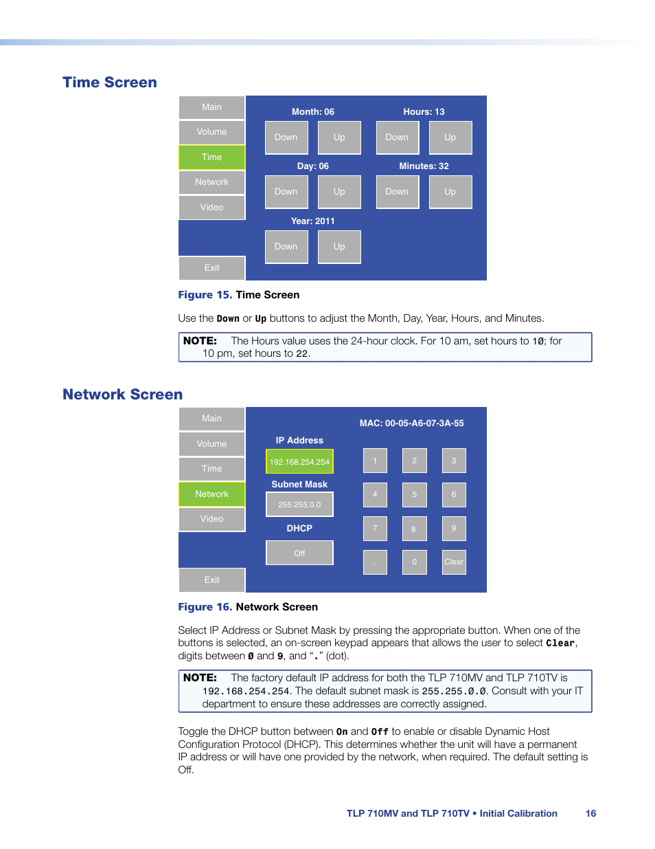 Time screen, Network screen, Time screen network screen | Time, Network | Extron Electronics TLP 710TV User Guide User Manual | Page 22 / 49
